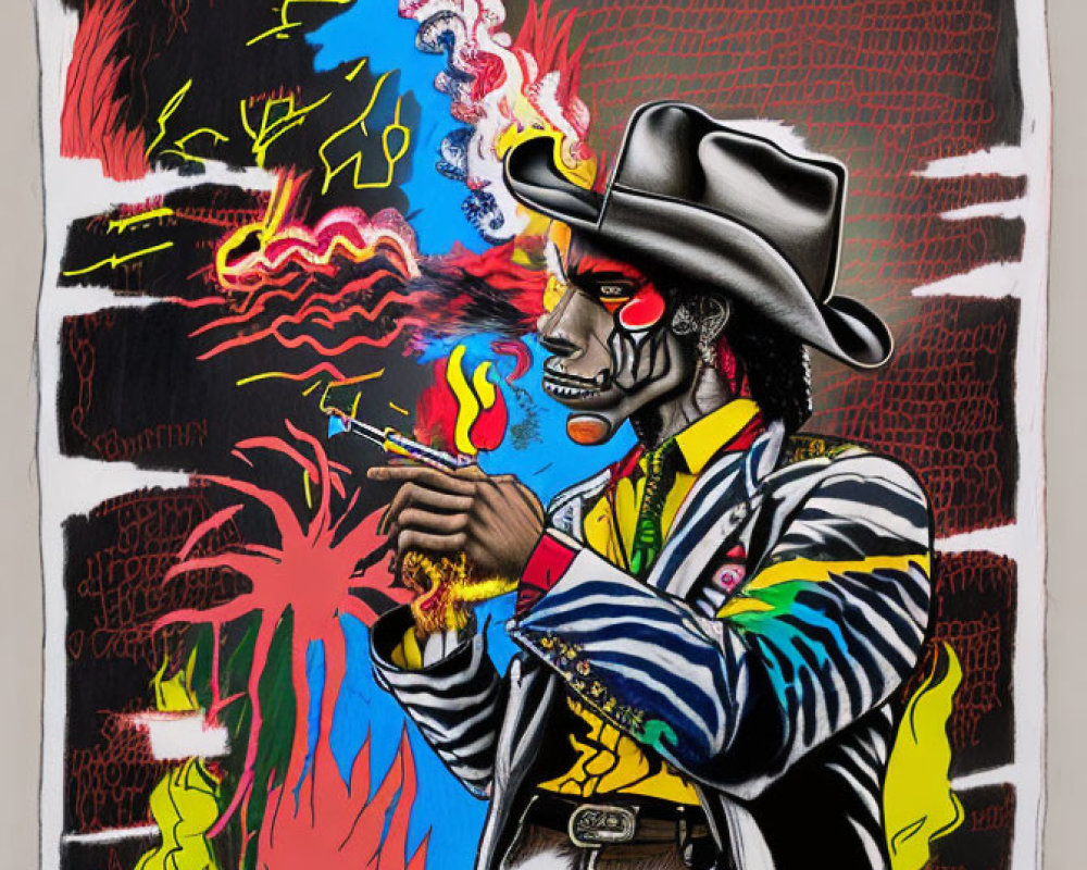 Vibrant skull-faced character in cowboy hat with cigar and fiery background