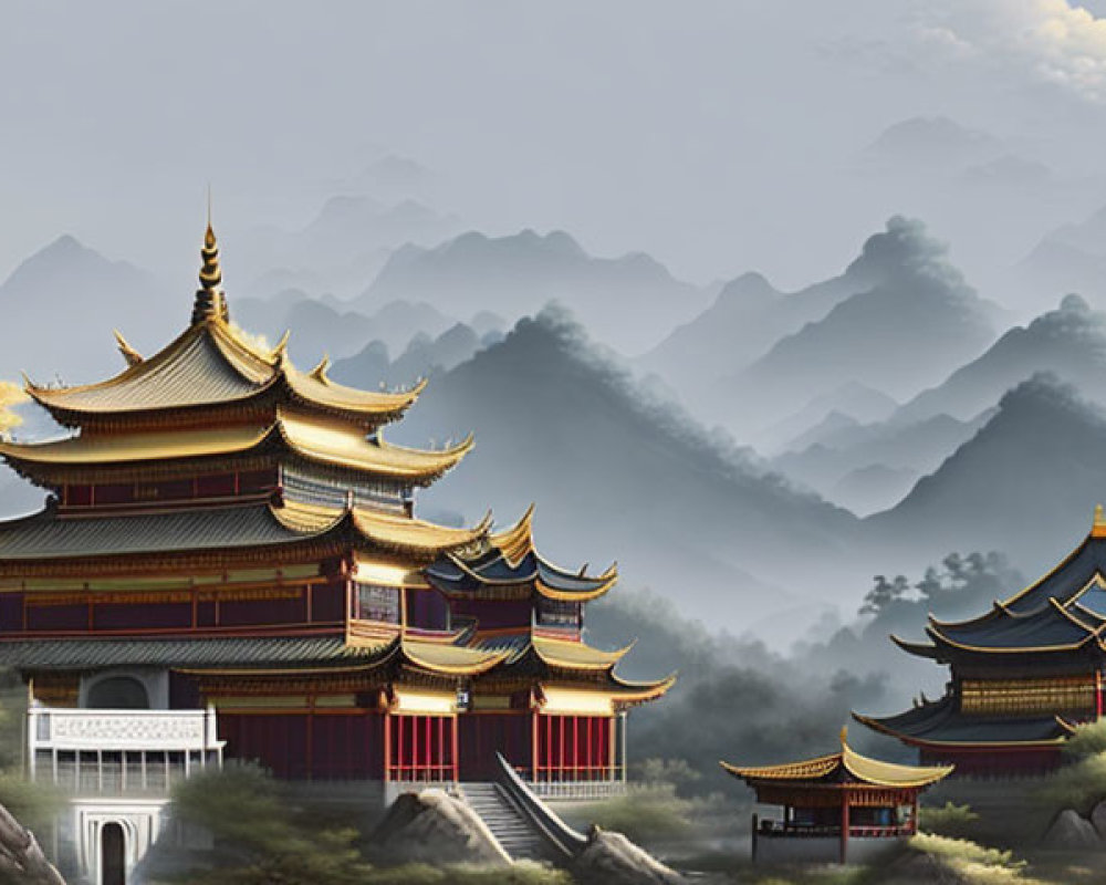 Asian Pagoda Buildings in Mountain Mist with Golden Tree