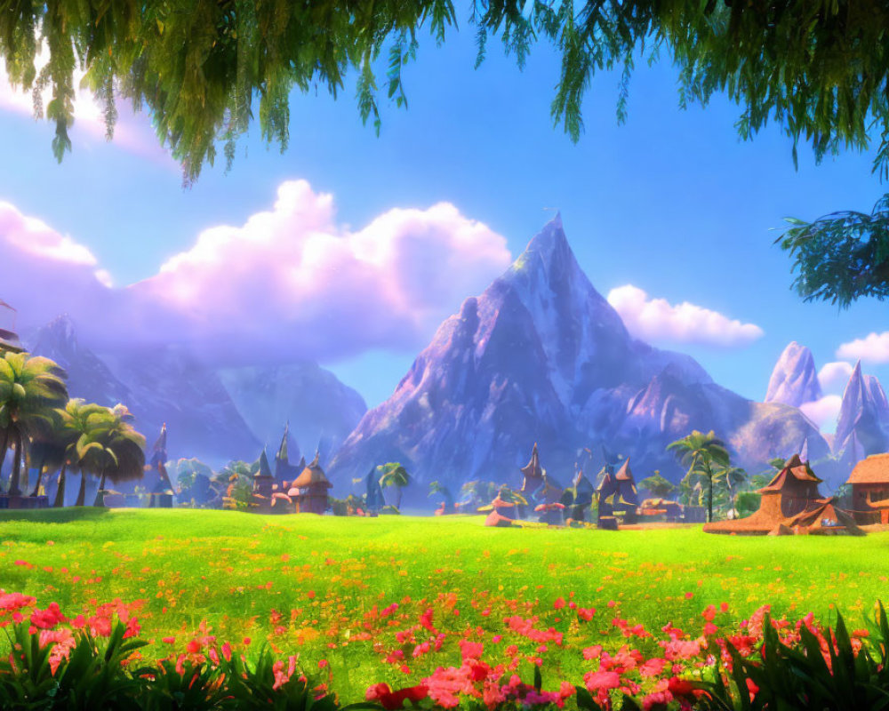 Tranquil meadow with pink flowers, thatched-roof huts, snowy mountains