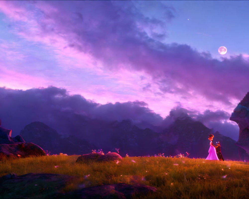 Tranquil Twilight Landscape with Figure, Purple Skies, Moon, Rocks, and Wildflowers