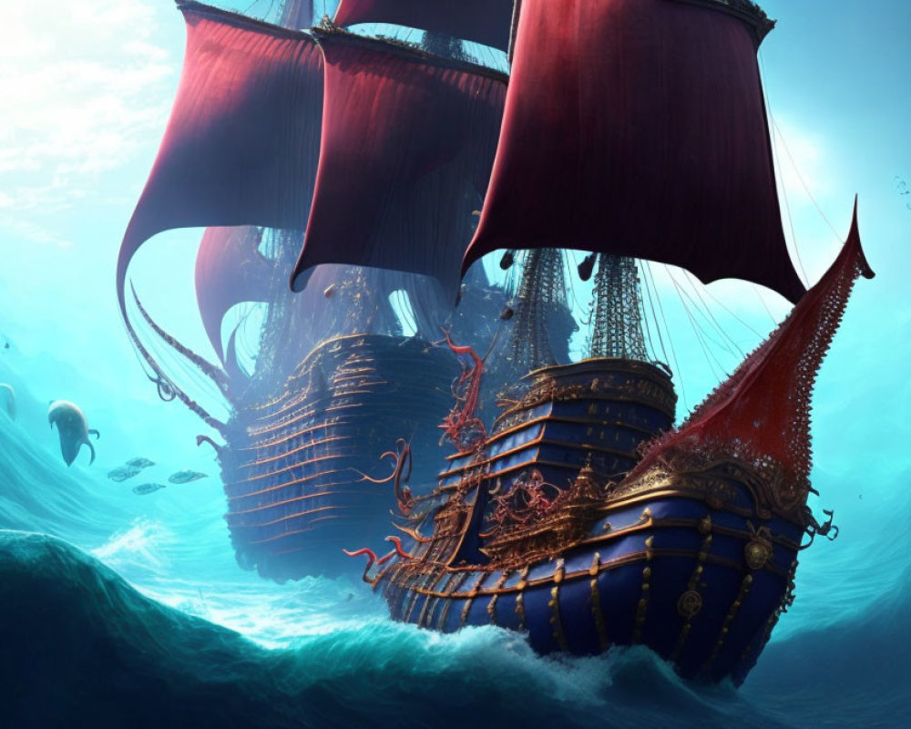 Majestic ships with red sails in blue ocean with swimming fish