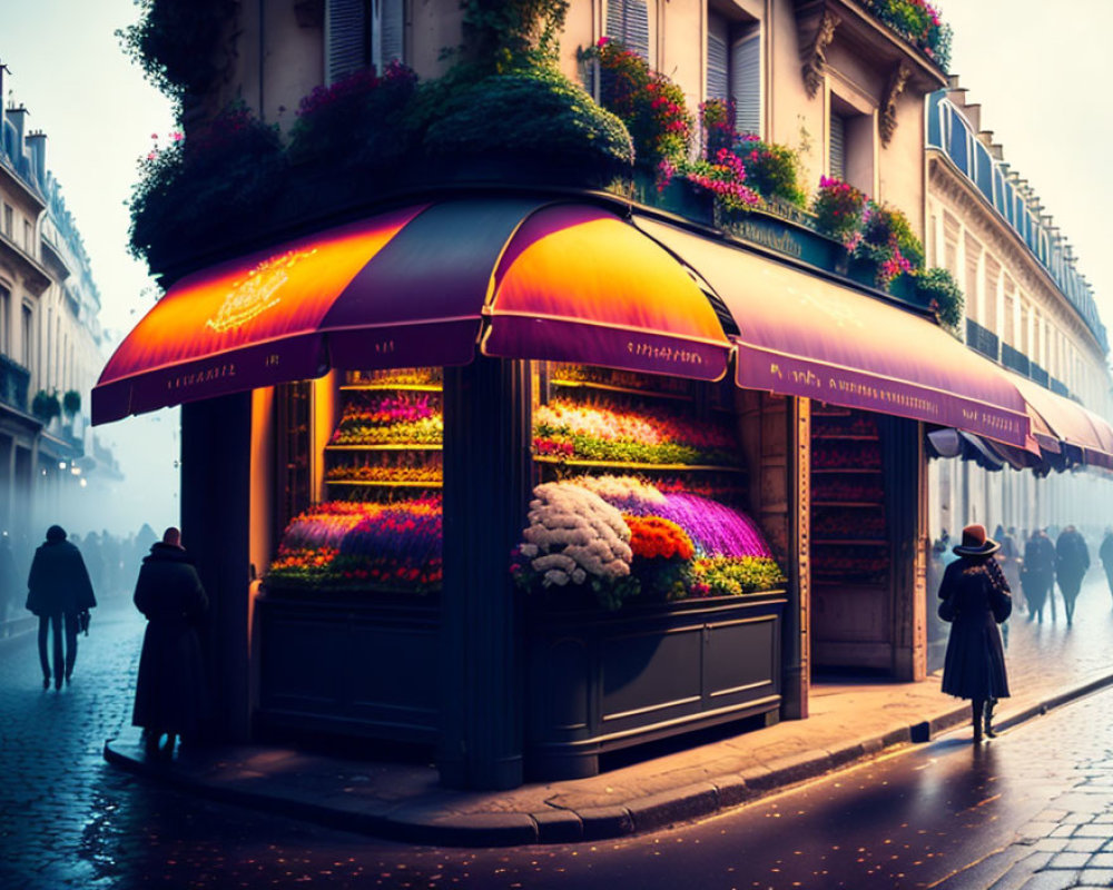 Parisian street flower shop with luminous canopy and traditional architecture.