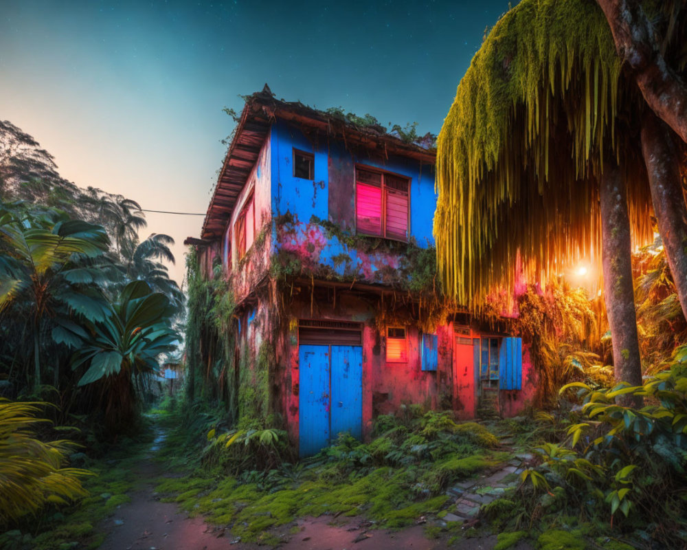 Deserted Blue House Surrounded by Overgrown Plants at Twilight