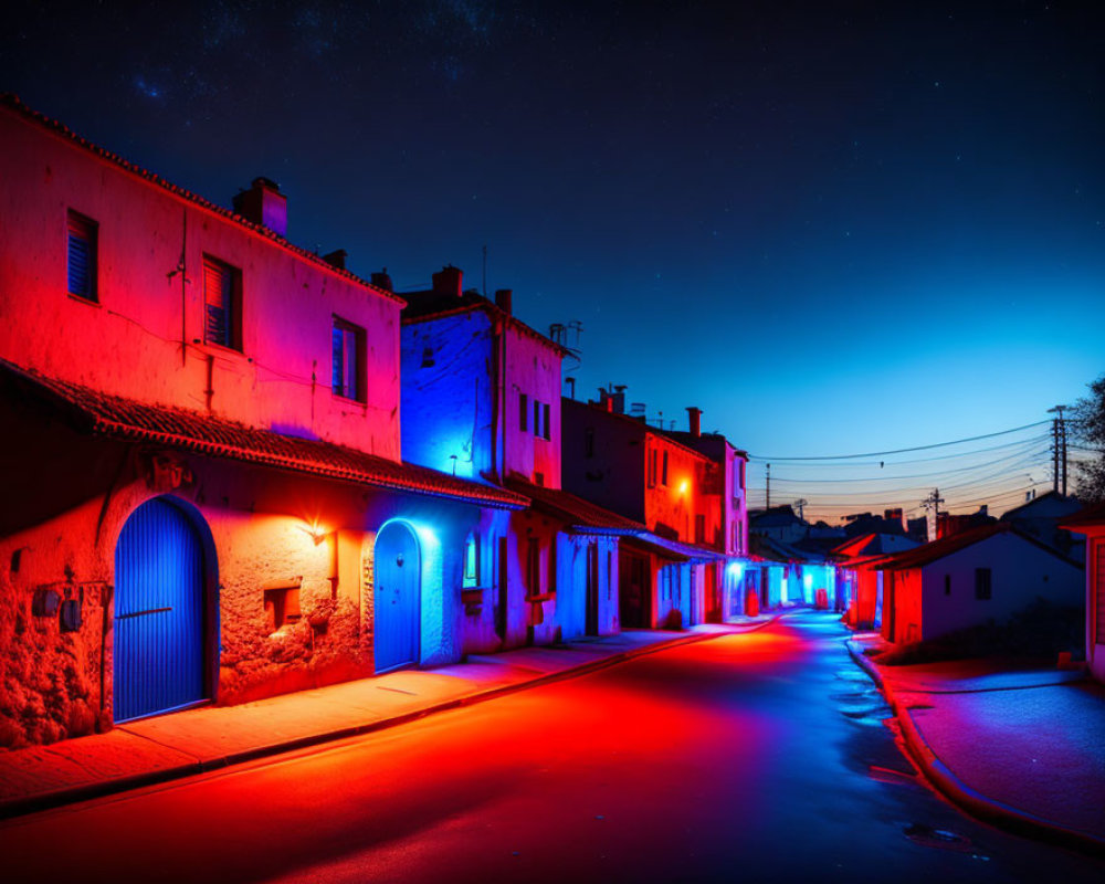 Vibrant night street with illuminated houses under starry sky
