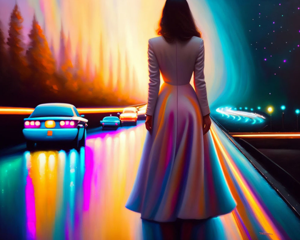 Woman in white dress by neon-lit road watching classic cars at night