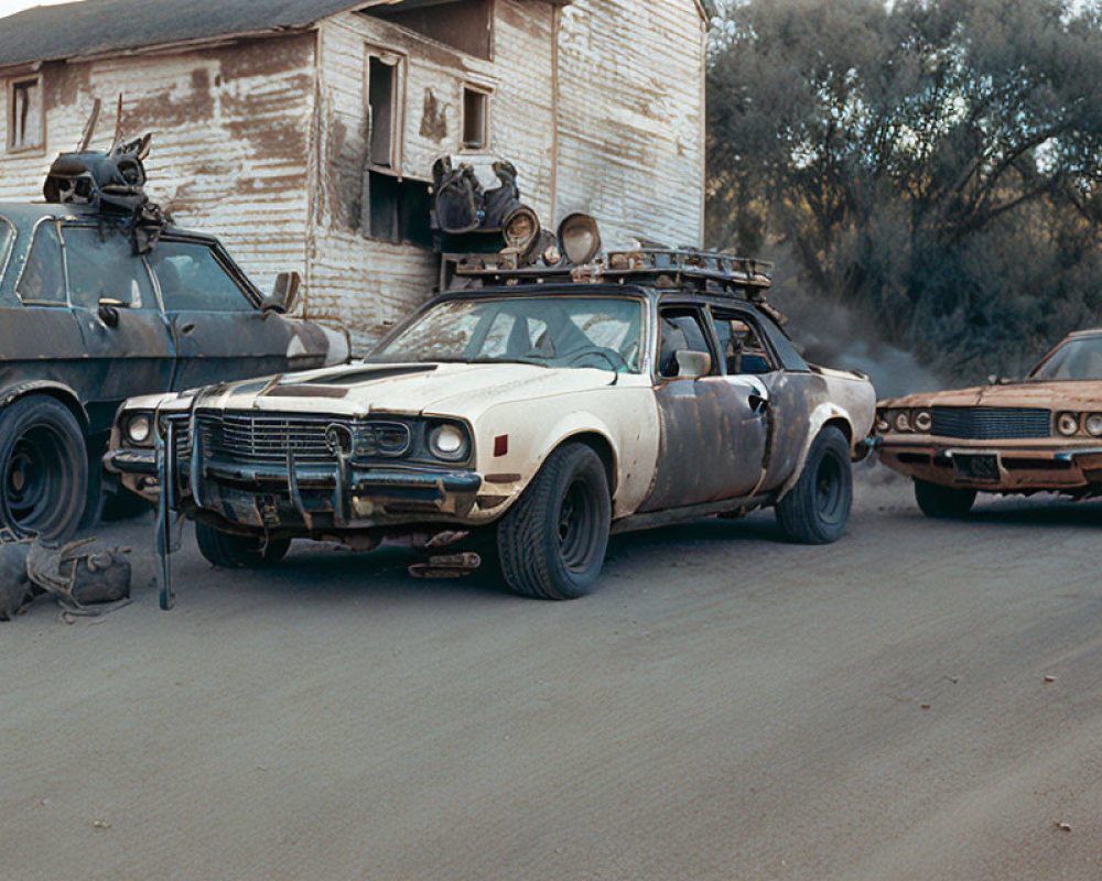 Vintage cars with extra tires in post-apocalyptic scene