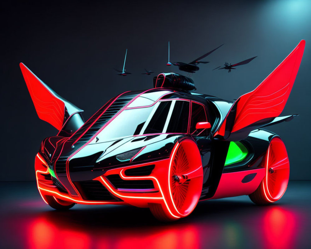 Red and Black Futuristic Car with Neon Highlights and Helicopter Blades