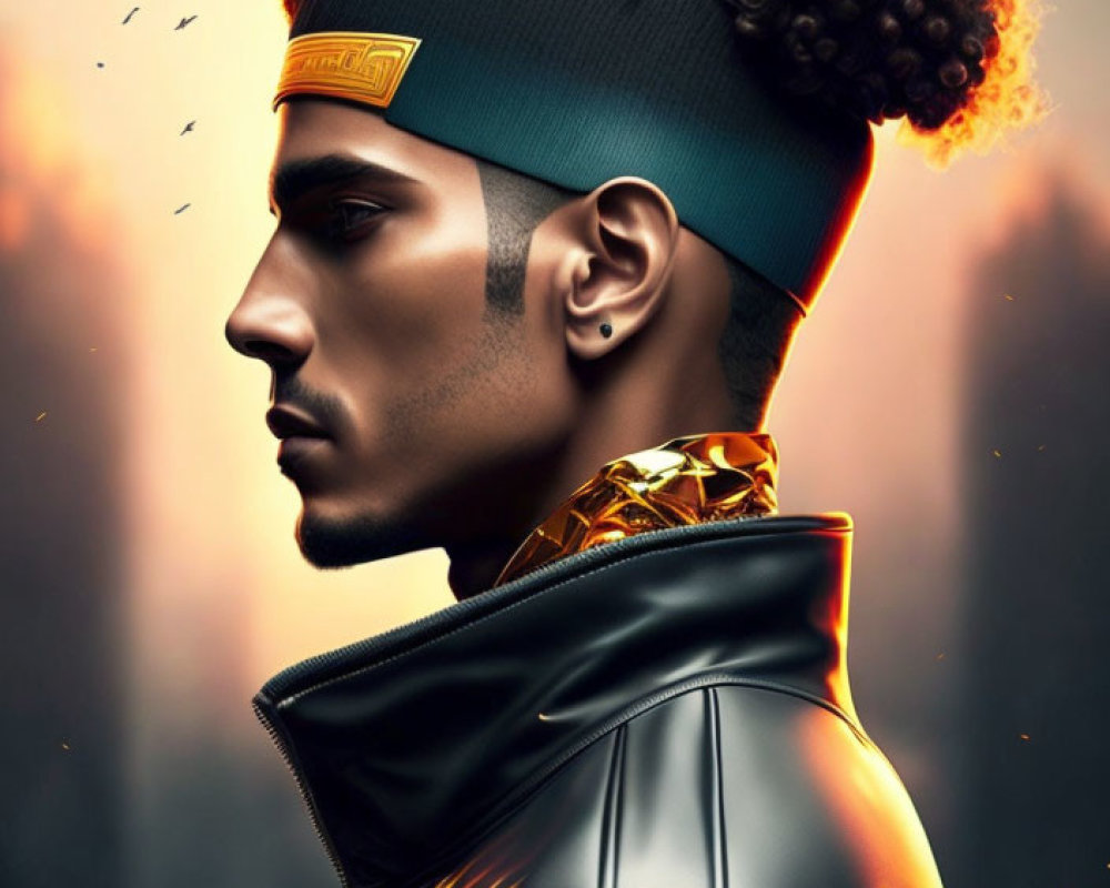 Stylized portrait of man with afro in leather jacket