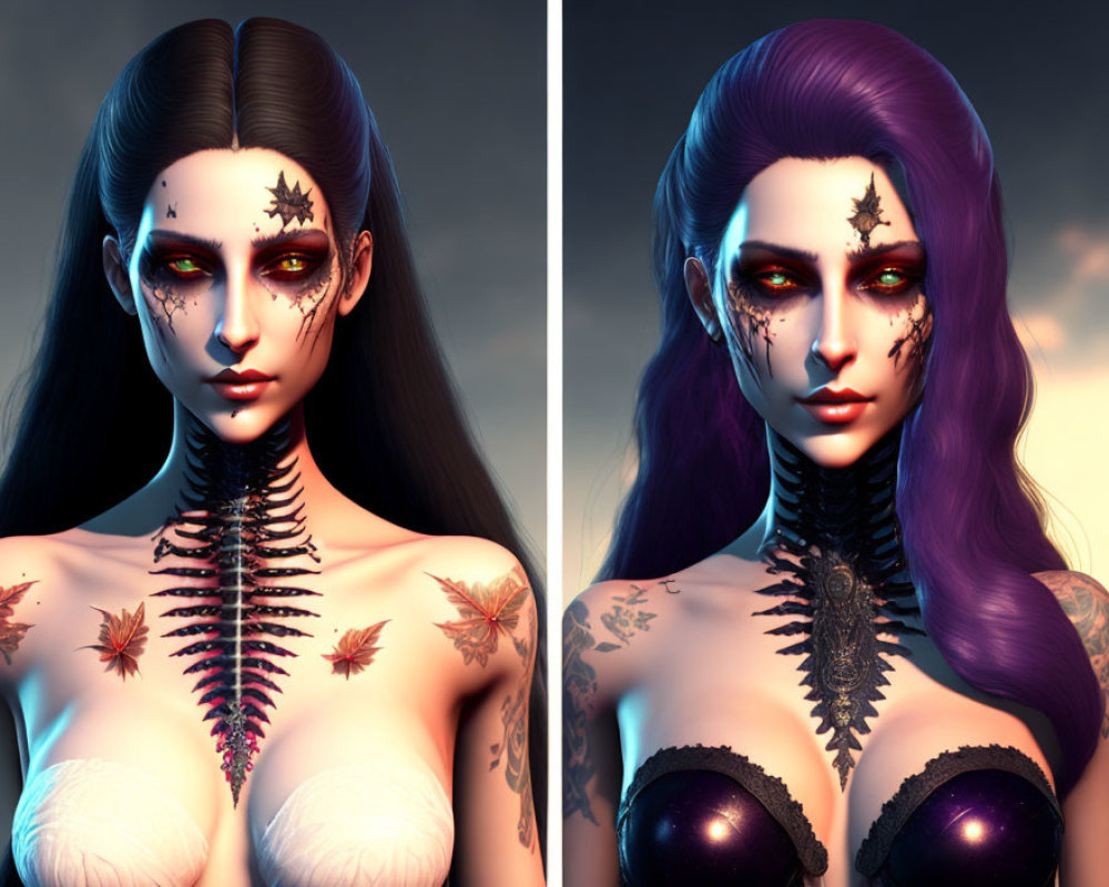 Digital Artwork: Female Figure with Pale Skin, Star Makeup, Purple Hair, & Split Background