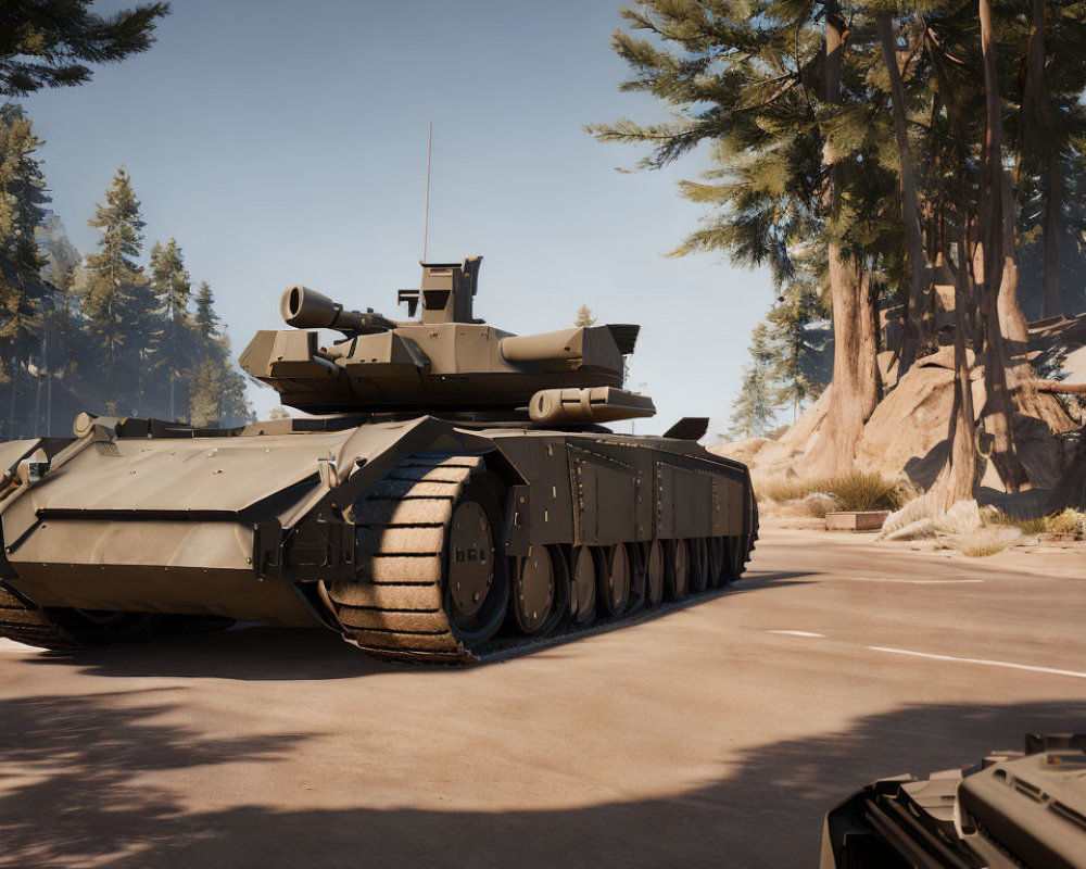 Modern Battle Tank on Forest Road with Clear Skies