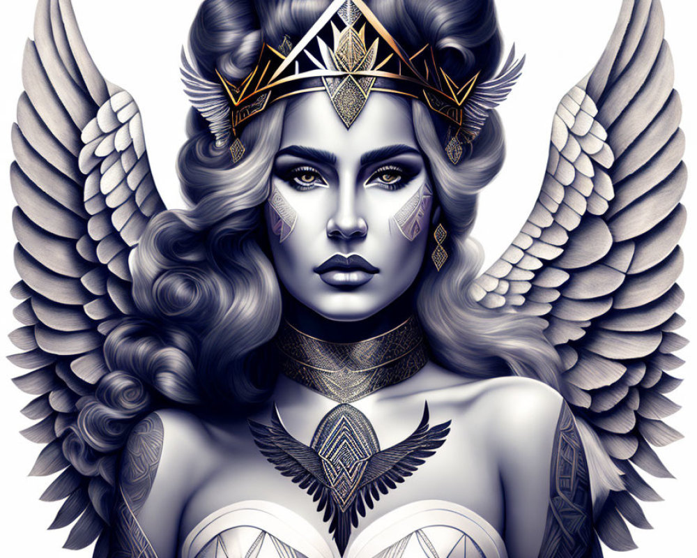 Monochromatic illustration of woman with angelic wings, tattoos, and crown
