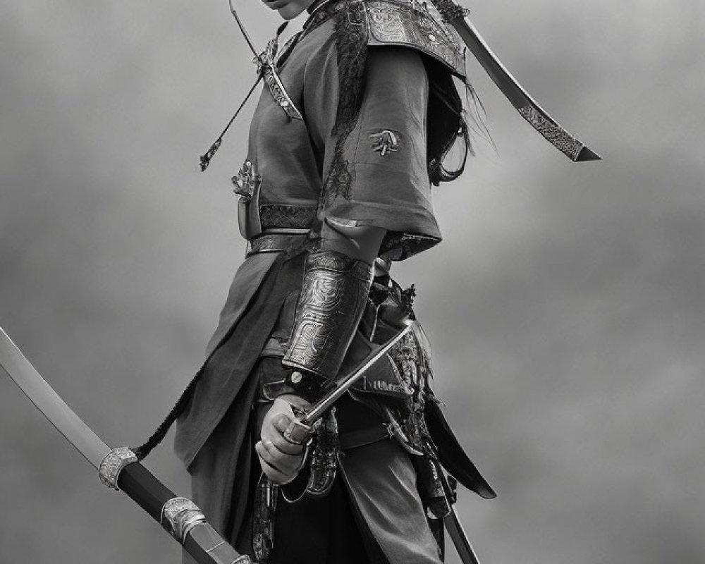 Monochromatic portrait of woman in warrior attire with sword, gazing downward