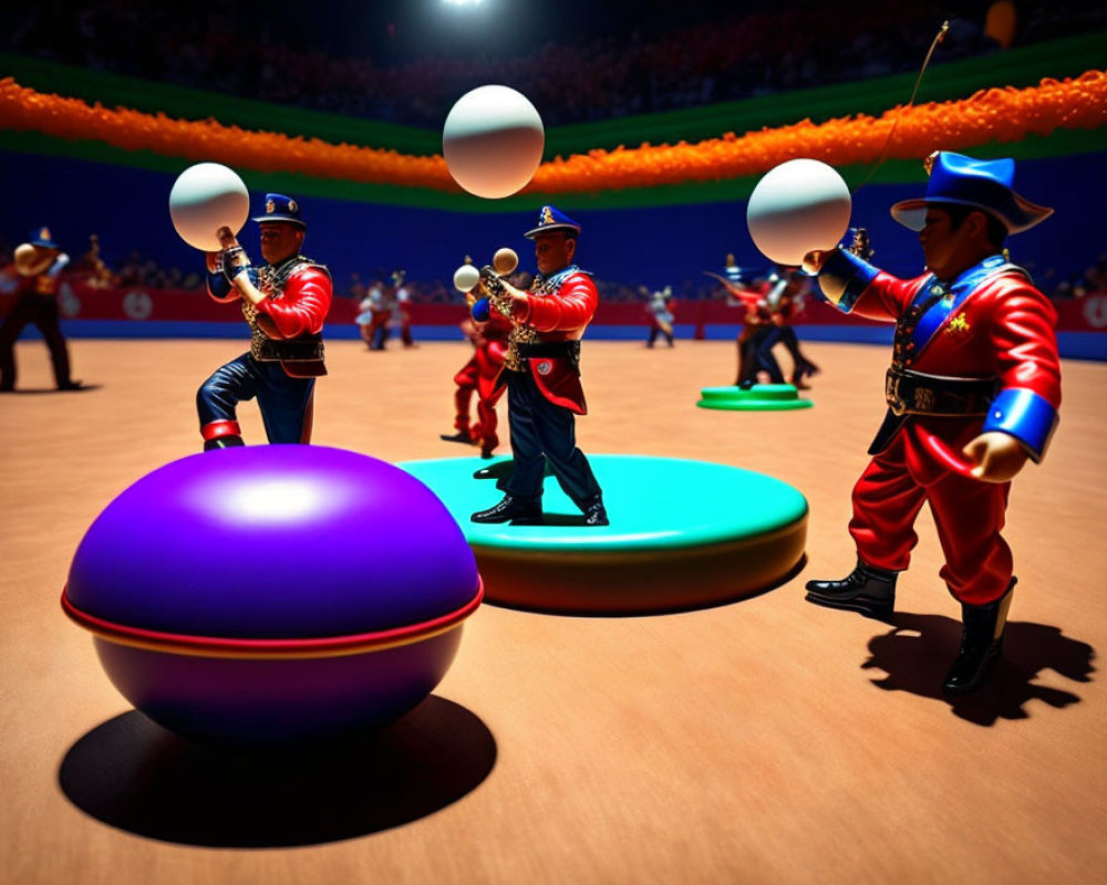 Colorful Toy Soldiers Parade in Red Uniforms with Drums in Vibrant Arena