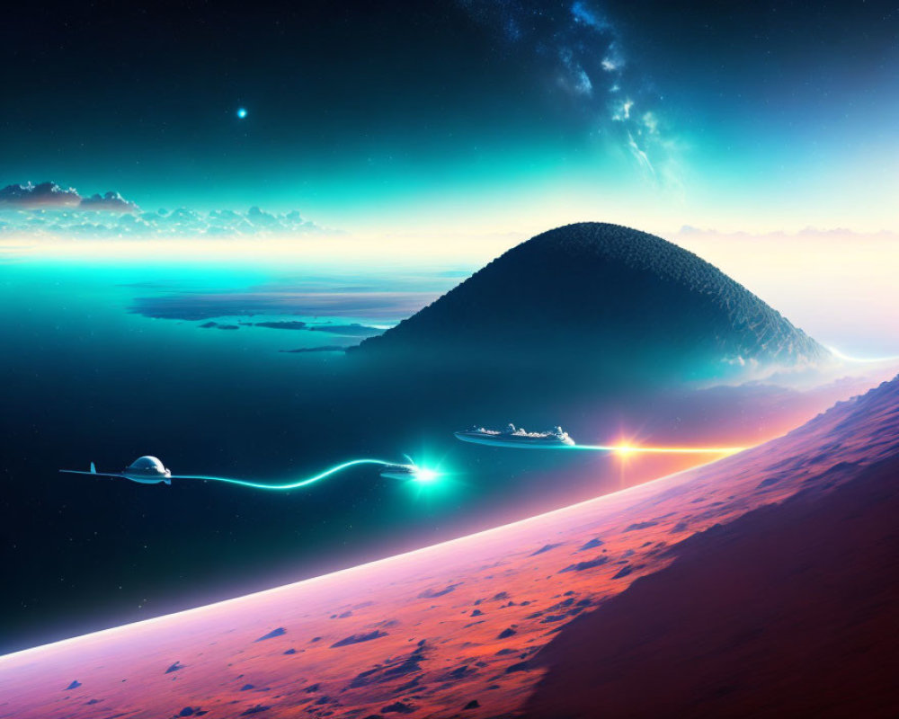 Sci-fi landscape with spaceships over red desert planet