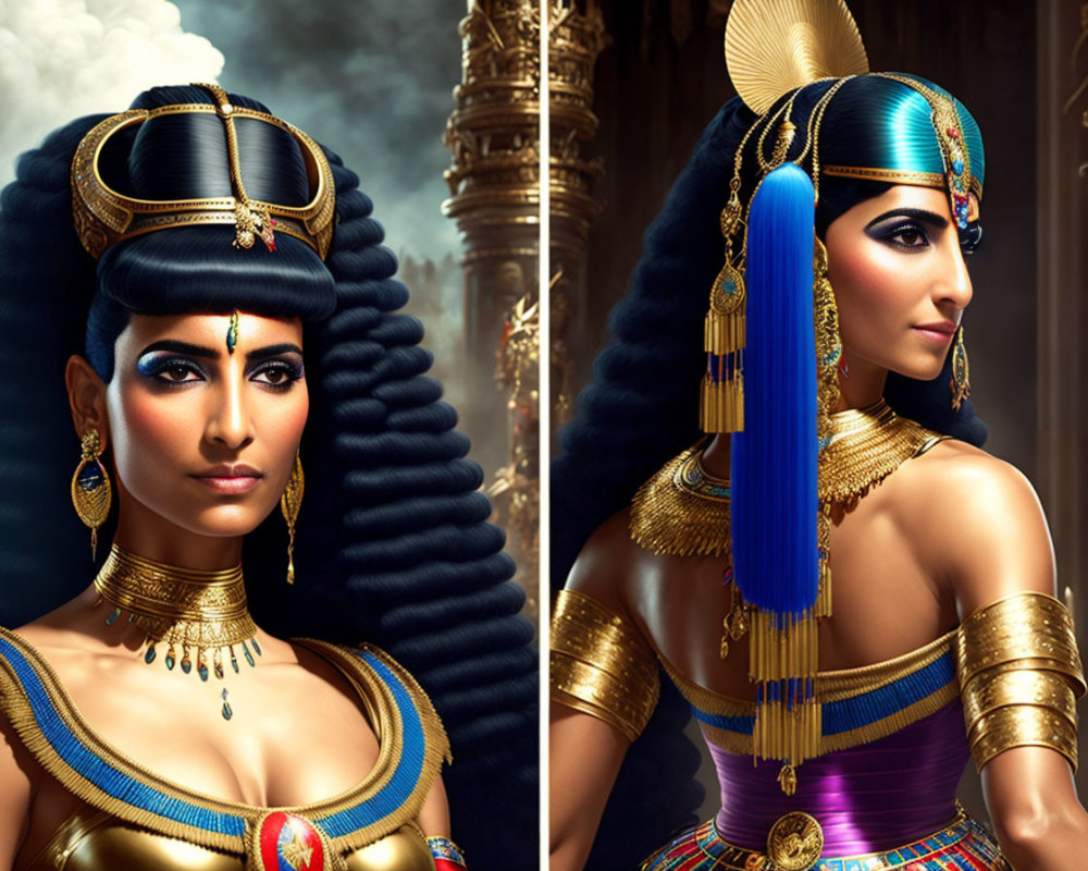 Woman in Cleopatra Style with Elaborate Headdress and Jewelry