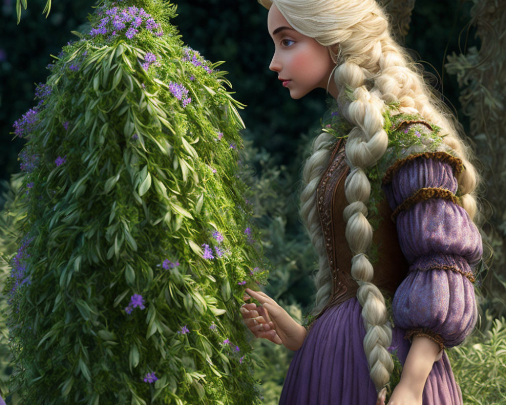 3D animated girl with braided hair in medieval dress admires purple flowers in enchanted forest