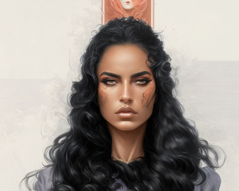 Illustration of woman with voluminous black hair and scar, with fiery-haired figure above