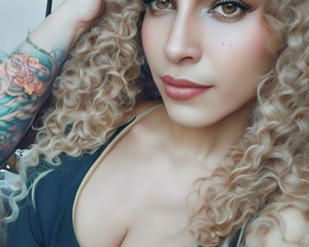 Curly-haired woman with sleeve tattoo in dark top takes selfie