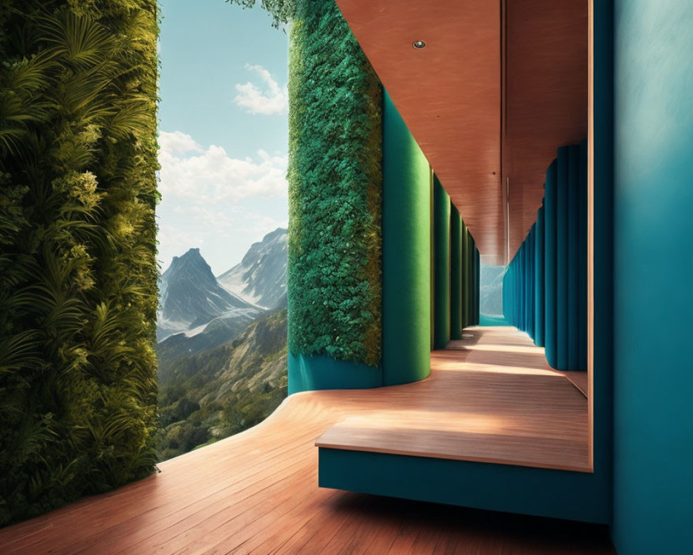 Modern hallway with wooden floors, pillars, green living wall, and mountain view
