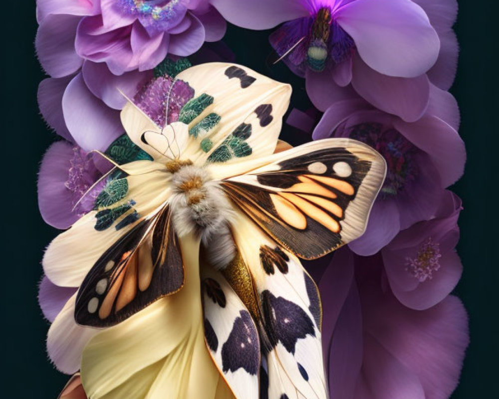 Purple and Yellow Flower Arrangement with Butterfly and Insect on Dark Background
