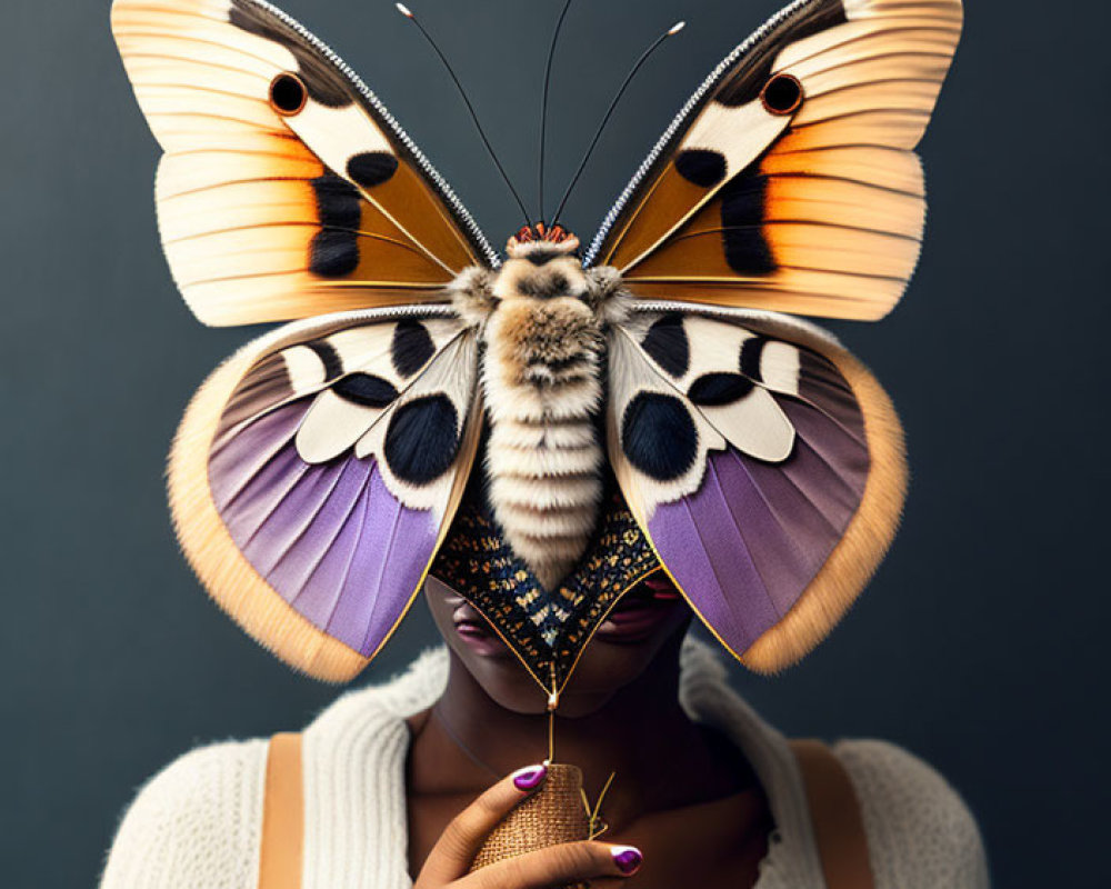 Person Holding Vivid Butterfly Mask on Dark Background