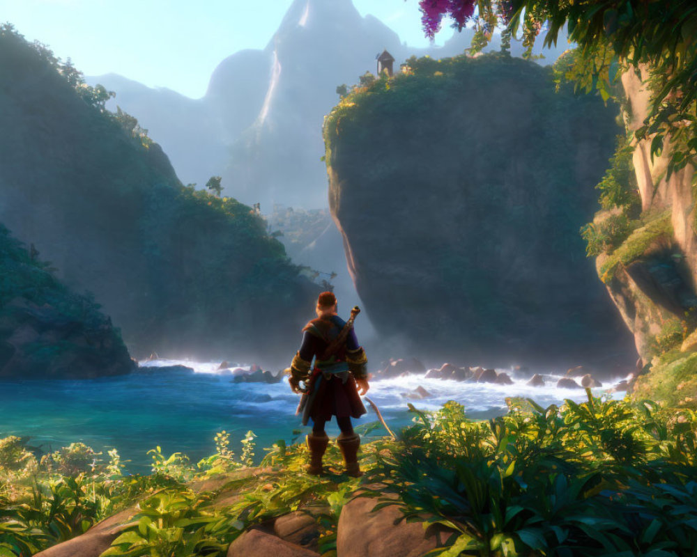 Medieval character on lush shoreline gazes at distant mountain with tower.