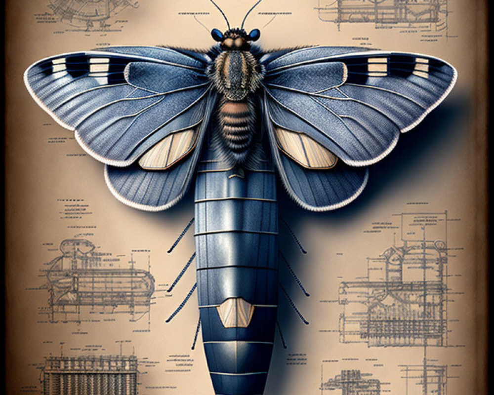 Blue Mechanical Moth on Vintage Engineering Schematics Detail