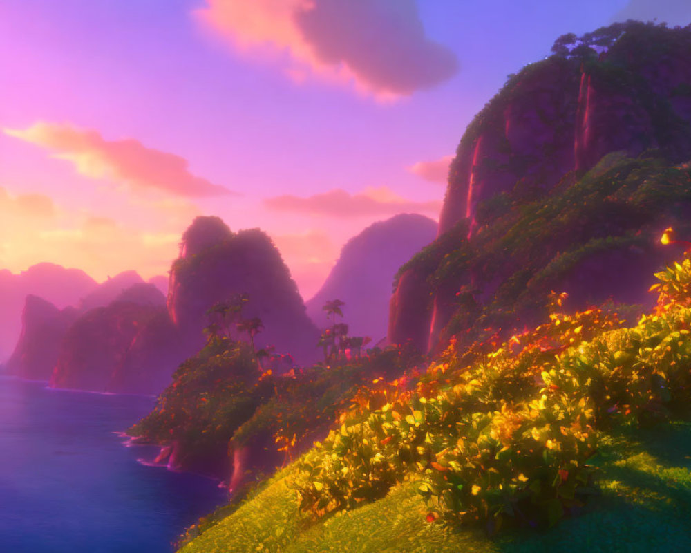 Lush coastline with cascading waterfalls at sunset