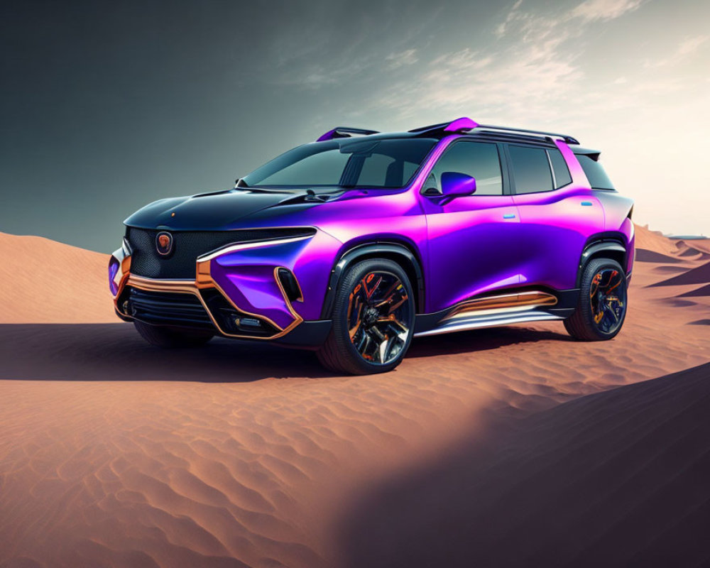 Futuristic Purple SUV with Orange Accents in Desert Landscape