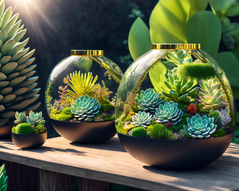 Succulent-filled terrariums on wooden surface with green foliage and sunlight.