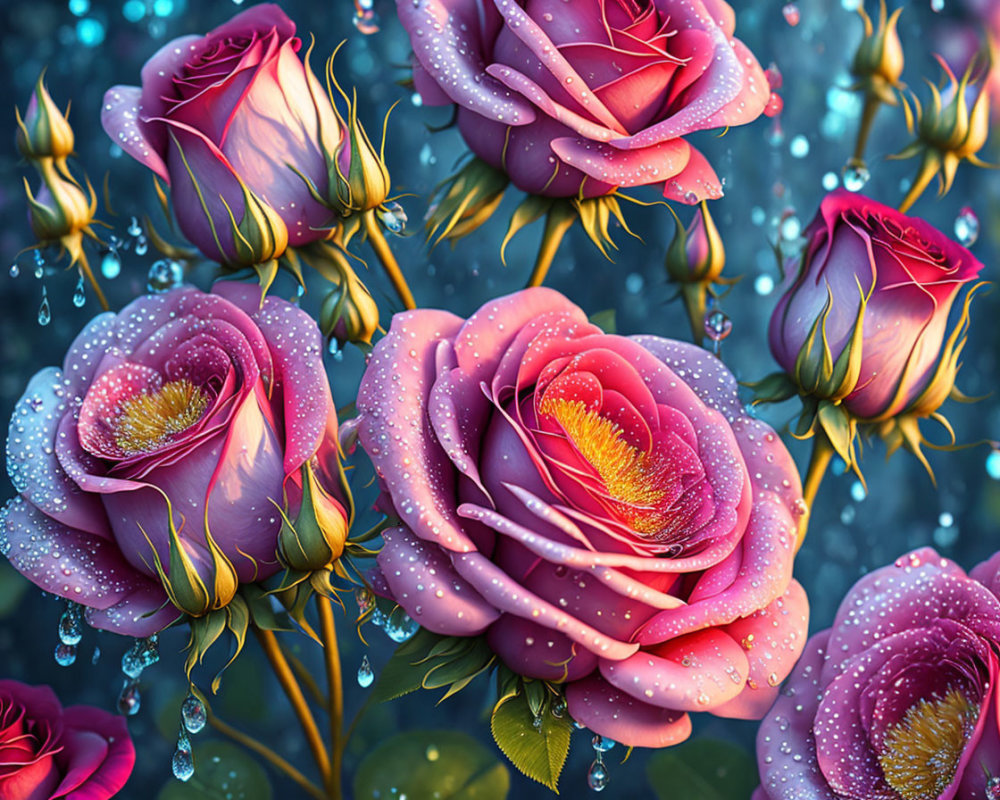 Pink roses with dewdrops in sparkling water bubbles.