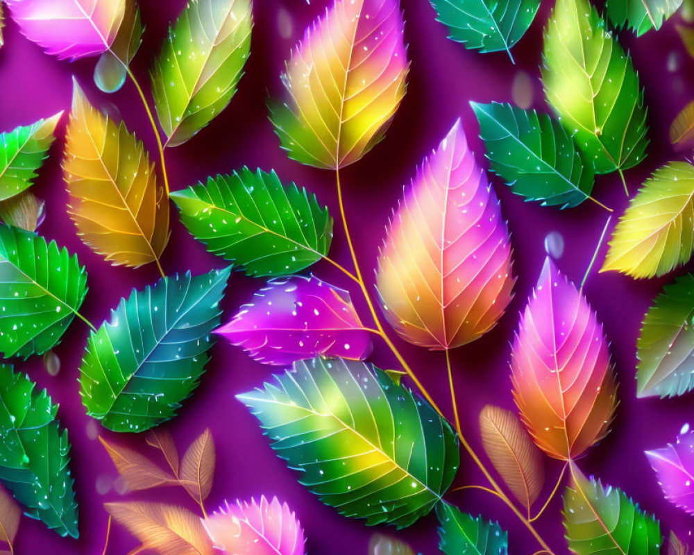 Vibrant digital illustration of colorful leaves on purple background