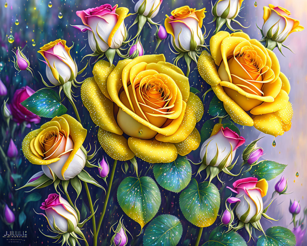 Colorful Rose Garden with Dew Drops on Mystic Purple Background