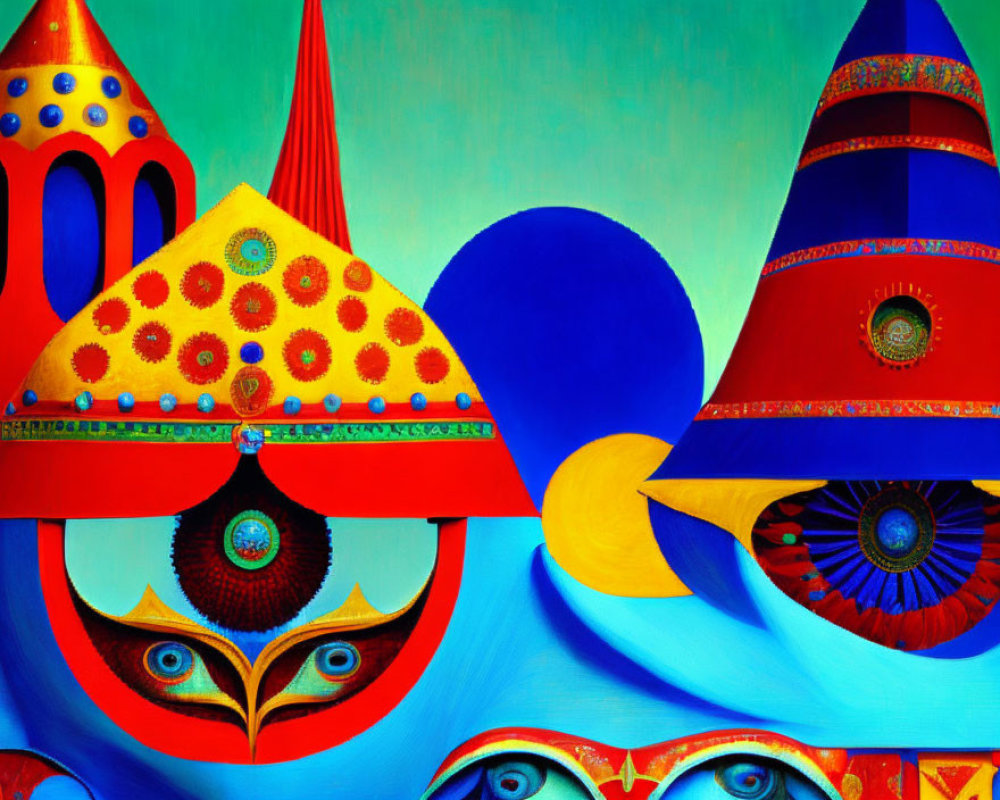 Whimsical architecture painting with colorful, pointed domes and eye-like motifs