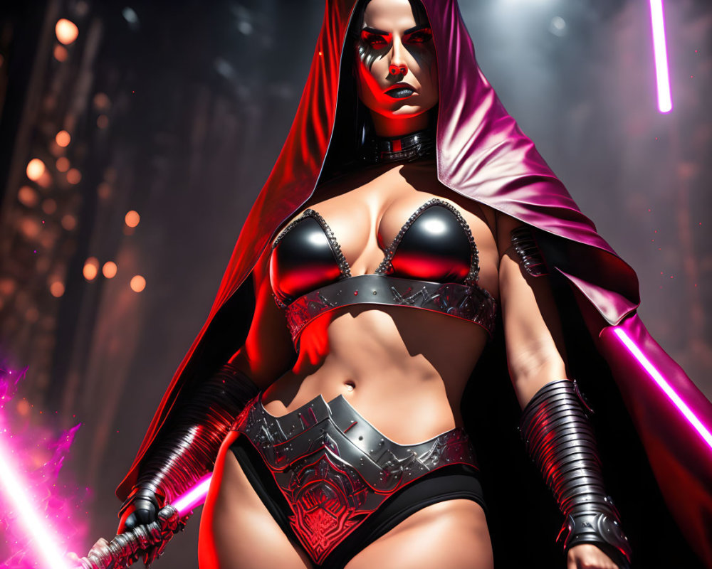 Fantasy warrior woman with red cape and glowing staff in dynamic pose