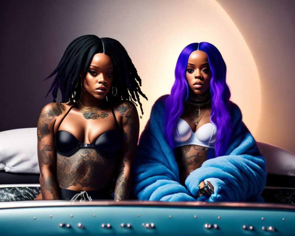 Two women with vibrant hairstyles and tattoos posing confidently in front of warm backdrop.
