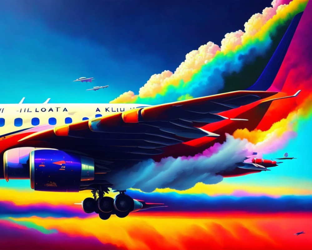 Colorful sunset sky with airplane taking off and silhouetted planes.