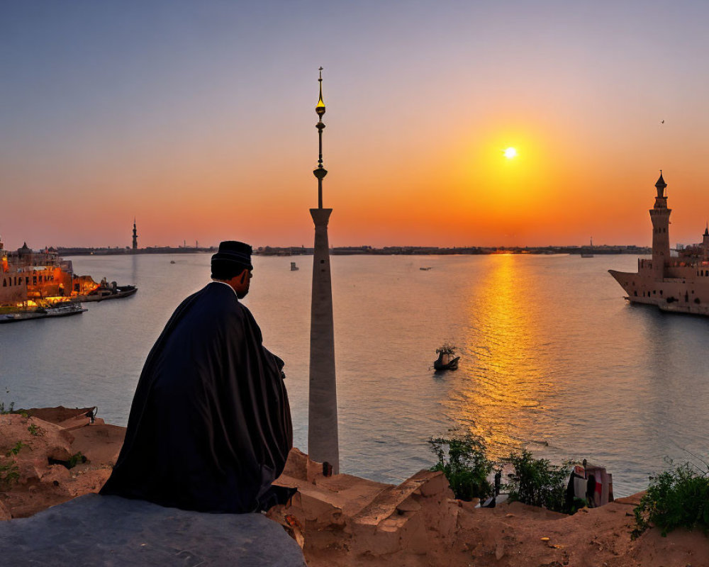 Traditional Attire Figure by Serene River at Sunset