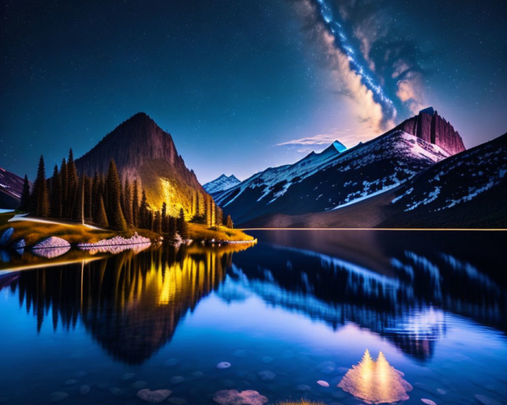 Tranquil night landscape with starry sky, Milky Way, lake, mountains, pine trees,