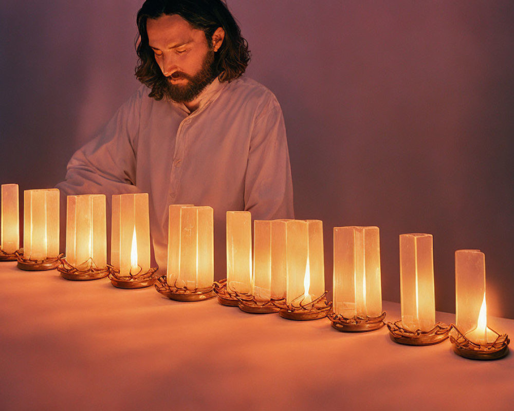 Bearded man in light shirt gazes behind row of lit candles