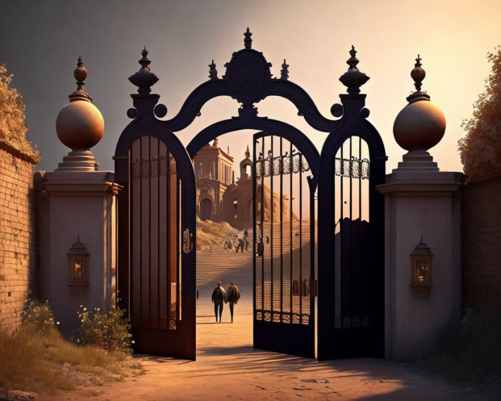 Ornate Open Gate with Couple Walking on Sunlit Path