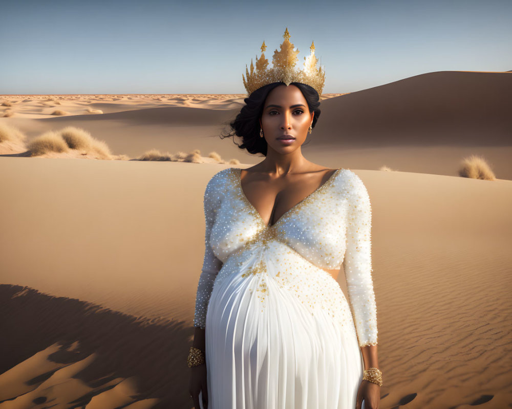 Regal person in white dress with gold crown in desert setting
