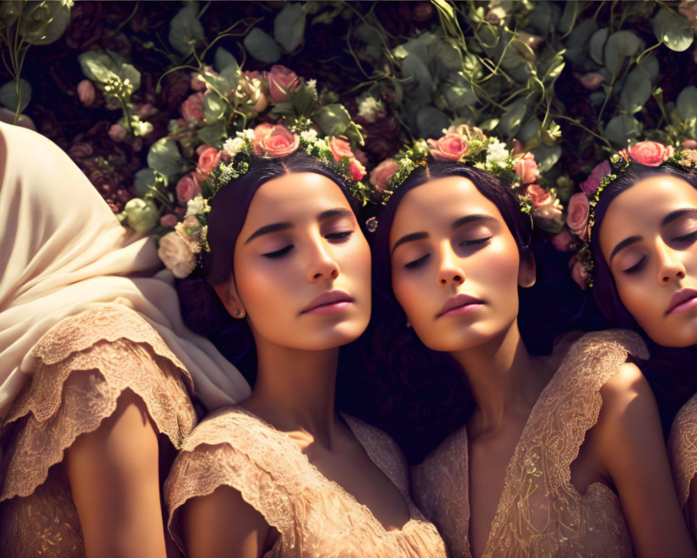 Three women wearing floral crowns, lying among flowers with eyes closed.