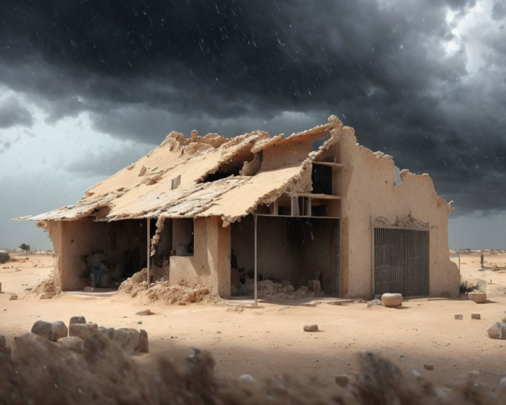 Abandoned mud house in desert storm with swirling sand and dark clouds