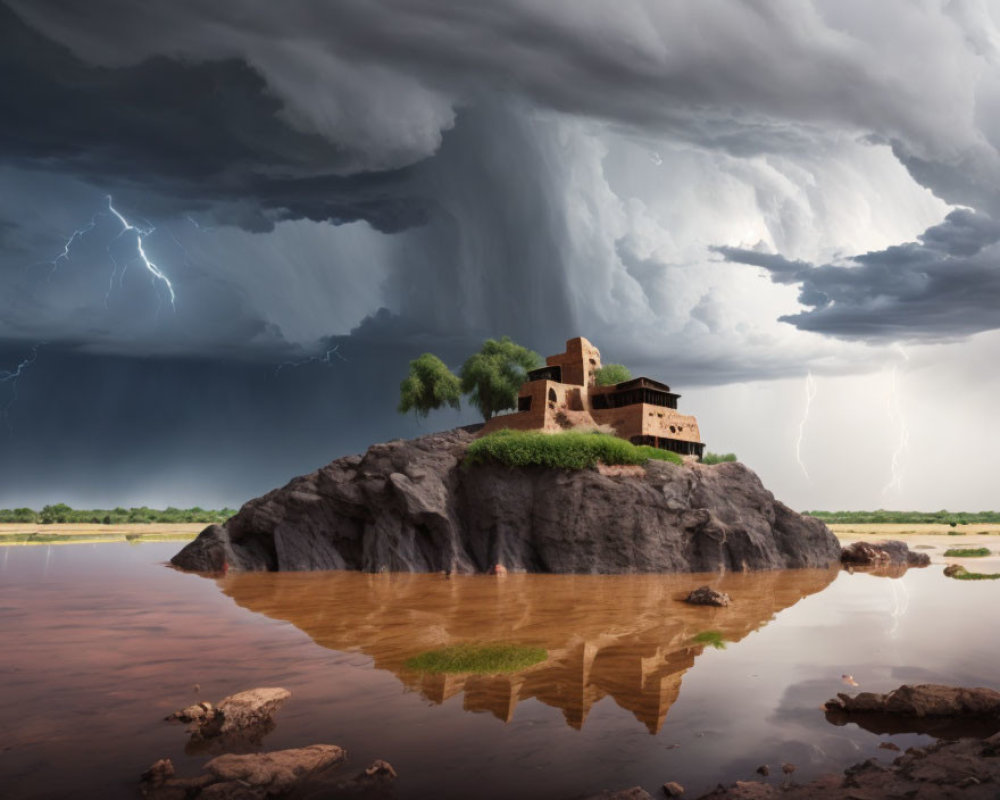 Traditional building on rocky outcrop with thunderstorm and lightning reflected in water