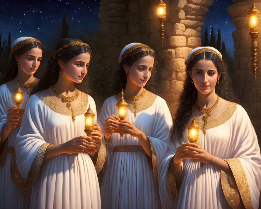 Four Women in White Robes Holding Candles Under Starry Sky Beside Stone Pillars