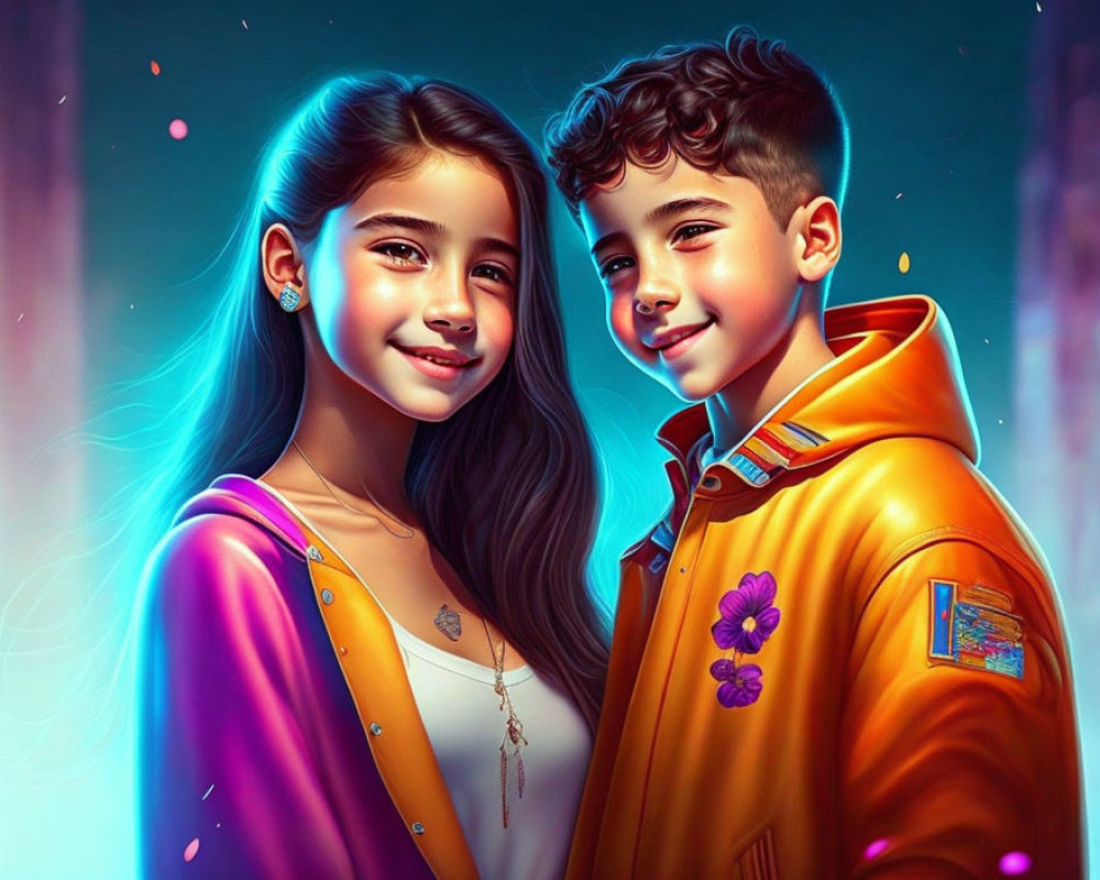 Stylized animated children in colorful outfits on vibrant background