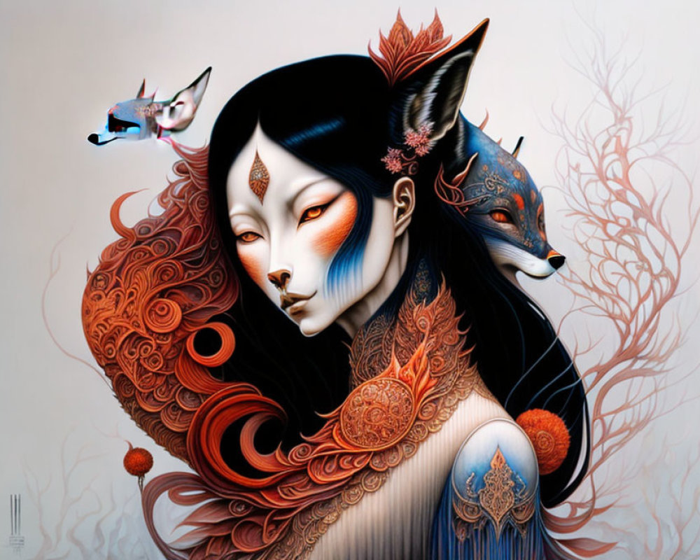 Fantasy artwork of woman with fox features and surreal fish.