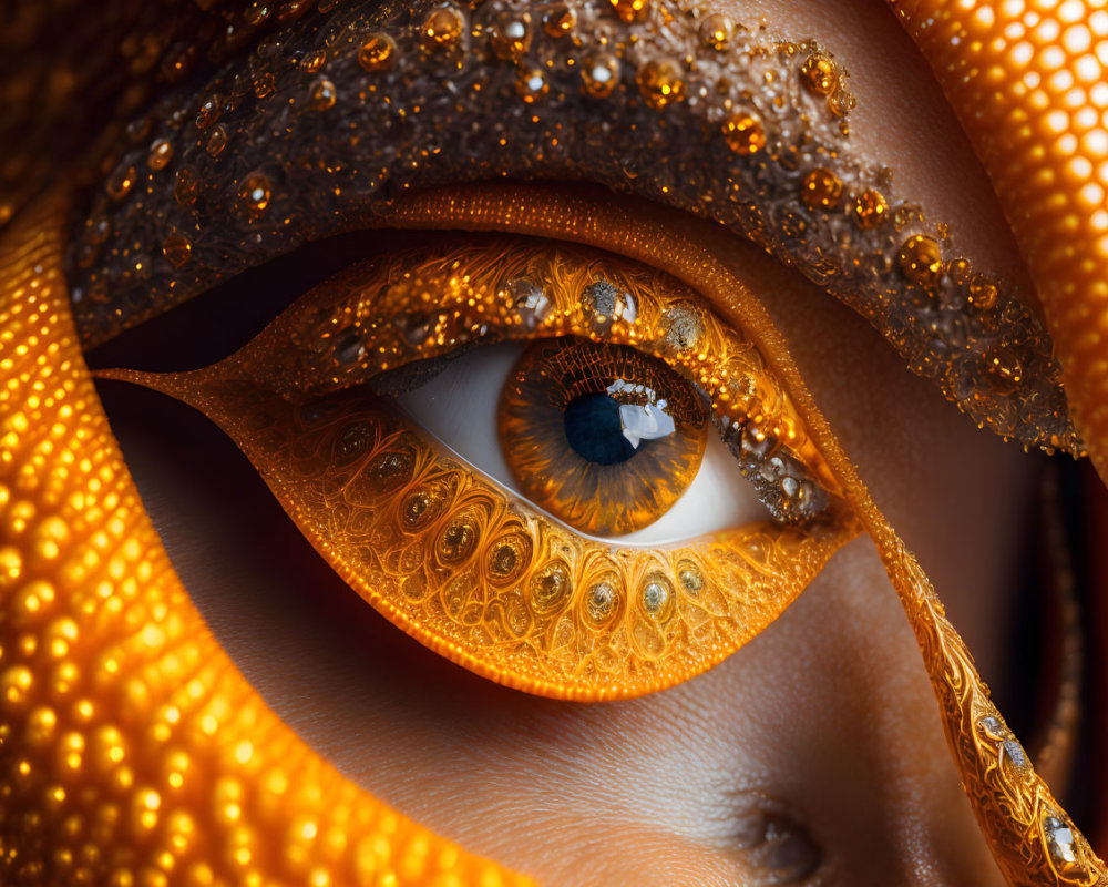 Blue eye with golden patterns and water droplets.