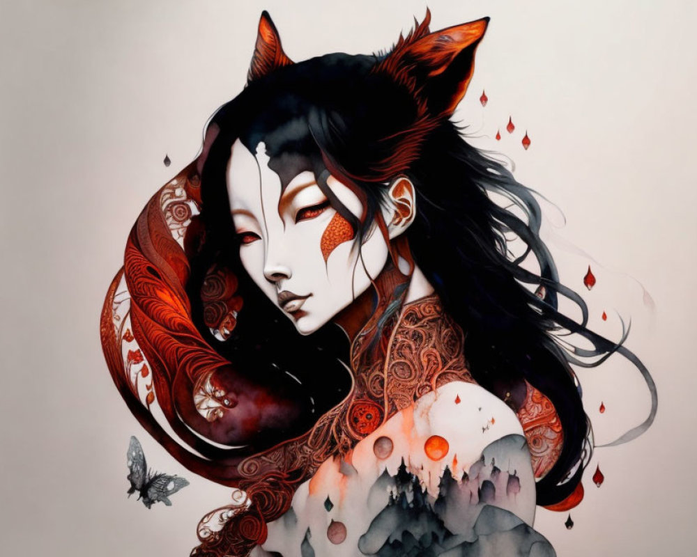 Fantasy art of woman with fox features and butterfly in intricate patterns